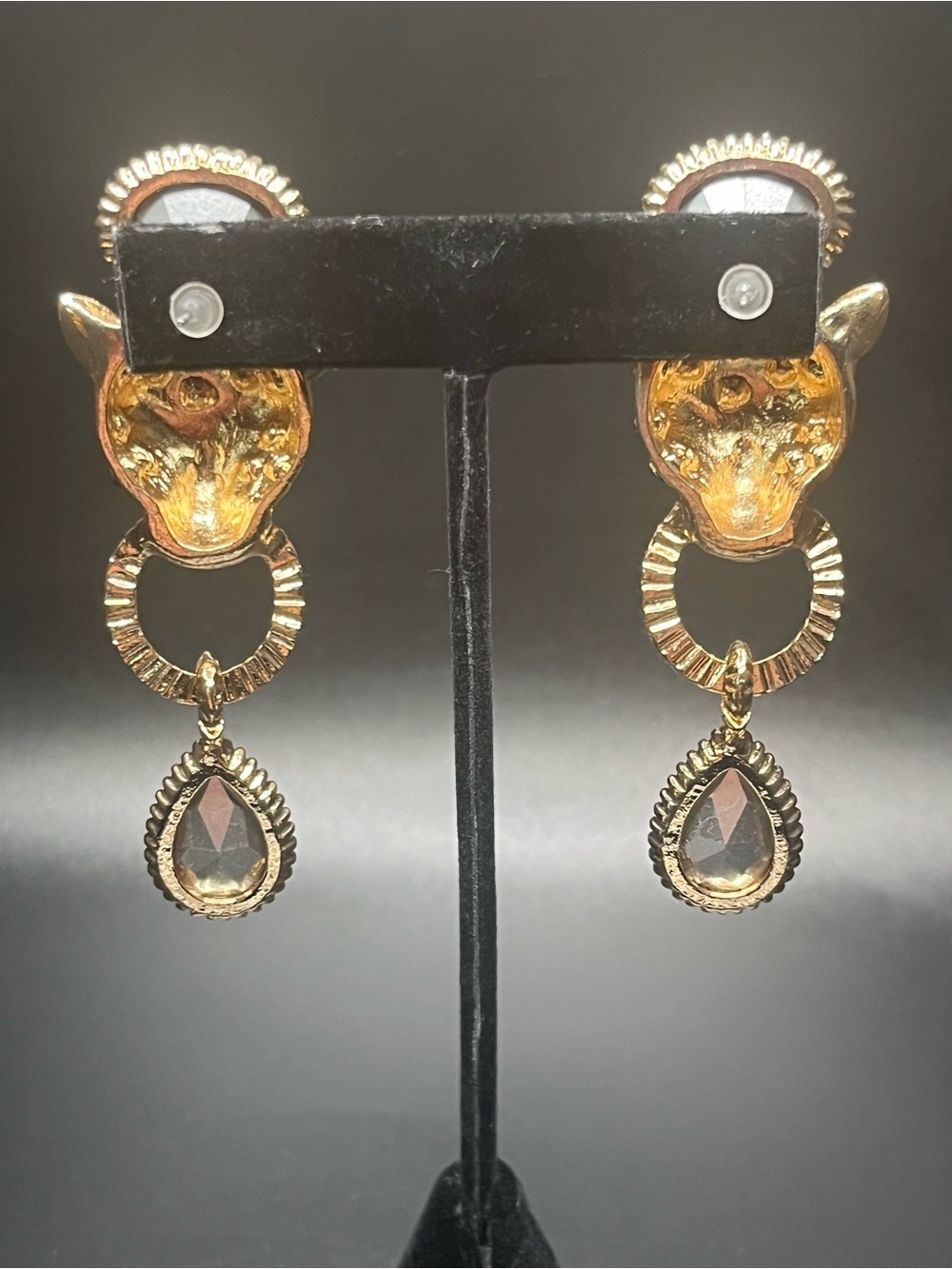 Panther Head Statement Earrings Green Red Crystal Gold Tone Dangle Earrings - Picture 3 of 7